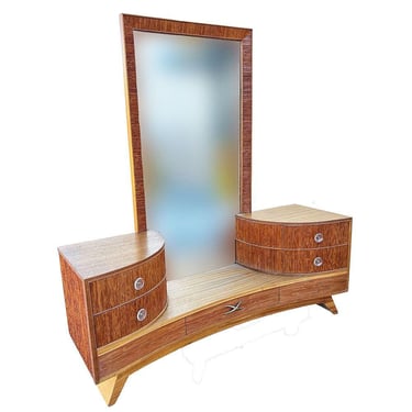 Early Mid-century Combed Wood Vanity by Paul Frankl for Brown Saltman w/ Mirror 