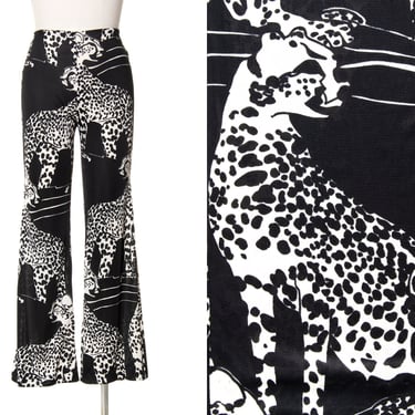Vintage 1970s Bell Bottoms | 70s Novelty Print Cheetah Animal High Waisted Nylon Flared Pants (x-small) 