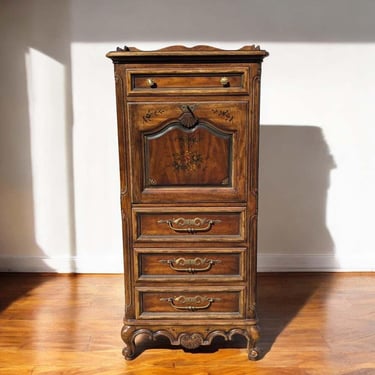 Secretary Desk by Drexel Heritage, Floral Motifs, French Provincial, Cabinet, Walnut, c. 1970stage Secretary Desk, Floral Motifs 