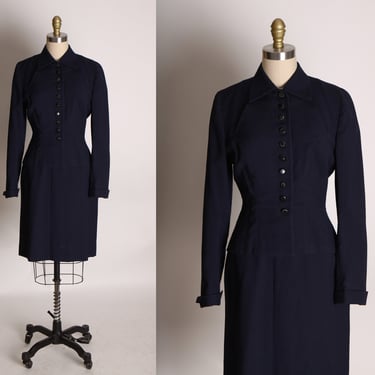 1940s Navy Blue Long Sleeve Button Up Structured Jacket with Matching Skirt Two Piece Skirt Suit -S 