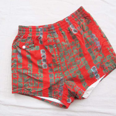 Vintage 60s Swim Trunks 28 - 34  - Tropical Red Green 1960s Mens Hawaiian Swim Shorts - Lined Elastic Waist Short Swim Shorts 