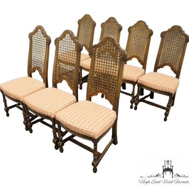 Set of 7 ANTIQUE VINTAGE Solid Walnut Rustic European Style Cane Back Dining Side Chairs 