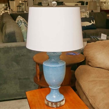 Ice Blue Gourd Table Lamp with Sheer White Linen Retro Drum Shade