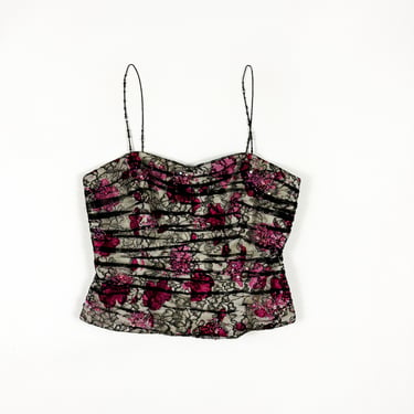 y2k Kay Unger Beaded Spaghetti Strap Tank Top / Roses / Lace / Floral / Overlay / Sequins / Ruching / Size 6 / Club / 00s / Rave / Bratz / 