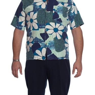 1960S Blue  White Cotton Tropical Mod Men’S Shirt 