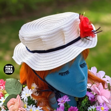 Super Cute Vintage 50s Mini White Hat with Red Flower and Blue Velvet Chin Strap 