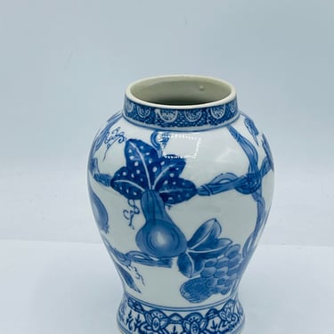 Vintage Blue and White Flower Vase Painted Eggplant Melons Fruit Rare Chinese 6