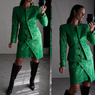 Vintage 80s Yves Saint Laurent Emerald Green Metallic Jacquard Power Skirt Suit | DOCUMENTED | Made in France | 1980s YSL Designer Skirt Set 