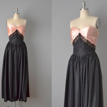 1940s Black And Pink Strapless Gown / Satin And Silk Taffeta Gown / 40s Formal Dress / Size Small 