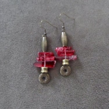 Raw quartz crystal earrings red and bronze 