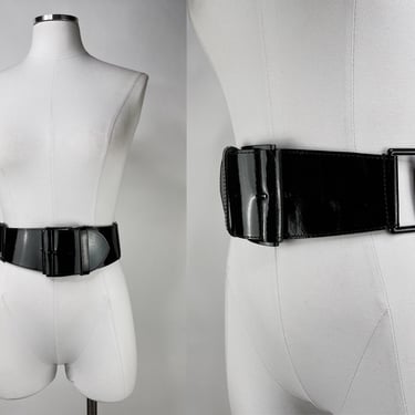 2000s Black Patent Thick Oversized Belt w Elastic and Cut Out Rectangles by Express S/M | Vintage, Retro, Scene, 1980s, 1990s, Fashion 
