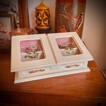 Vintage White Wooden Jewelry Box with Floral Decor Faux Stained Glass - All the Storage - Made in Taiwan - Rosalco 