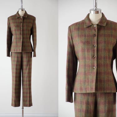 plaid wool suit | 90s vintage green brown yellow plaid checkered dark academia high waisted wide leg pants trousers blazer 