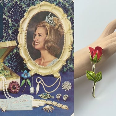 Beauty Queen Bouquet - Vintage 1960s Enamel Paint Metal Red Rose Single Stem Brooch Pin 