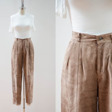 brown leather pants | 80s 90s vintage light brown tan pigskin suede high waisted dark academia pleated trousers 