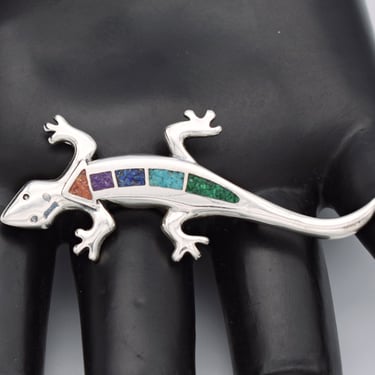 80's Carolyn Pollack inlaid stone sterling lizard brooch, Southwestern Carlisle Jewelry 925 silver gecko pin 