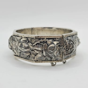 Antique Rose Hingled Bangle Sterling Silver Bracelet - Floral Bracelet - Victorian Style - Flower Bracelet For Her 