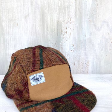 Gentleman's Tweed Neutral Tone Handmade Wool 5 Panel Camp Hat, Geometric Design Baseball Cap, Moldable Brim, Black Snap Back, gift for him 