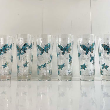 Vintage Teal Butterfly Glasses Hollywood Regency Set 6 MCM Blue Gold Turquoise Cocktail Bar Butterflies 1960s 60s Tall Barware Mid-Century 