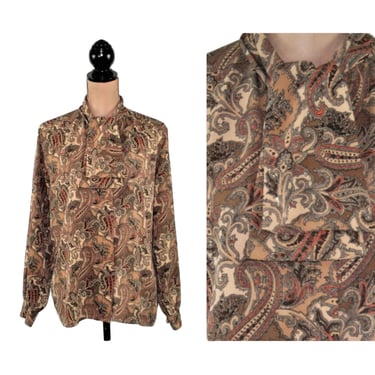 Vintage 80s 90s Plus Size Baroque Paisley Blouse XL, High Neck Tie Collar Brown Print Long Sleeve Polyester Button Up 