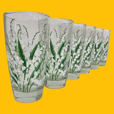 Vintage Libbey Drinking Glasses Retro 1970s Bohemian + Lily of the Valley + Clear Glass + White Flowers + Set of 6 + Kitchen + Water Tumbler 