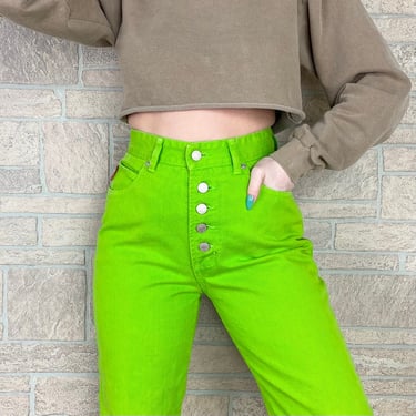 90's Neon Green Button Fly Jeans / Size 26 