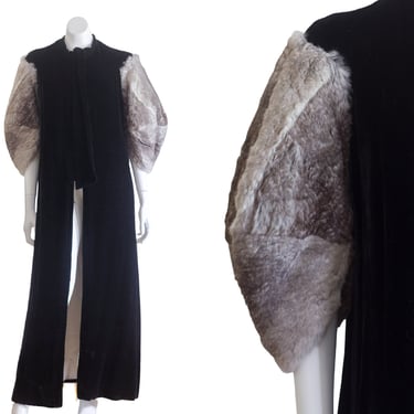 Vintage 1930s Black Silk Velvet Opera Coat with Luxurious Fur Sleeves 