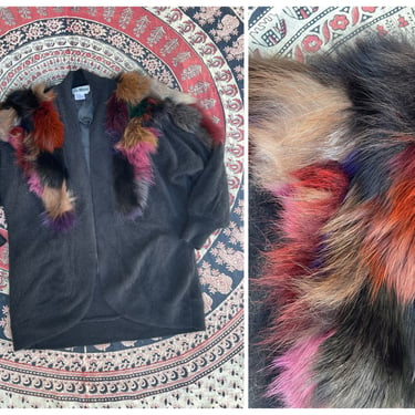 Vintage ‘80s La Mittini cardigan sweater | black angora with dyed genuine fox fur collar and shoulder piece, Christmas gift, M/L 