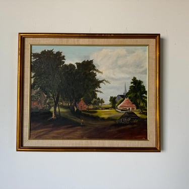 Vintage American Village Scene Landscape Oil Painting, Signed 