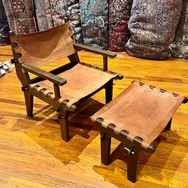 Mid-Century Modern Wood Leather Lounge Chair & Ottoman by Angel Pazmino, 1960s