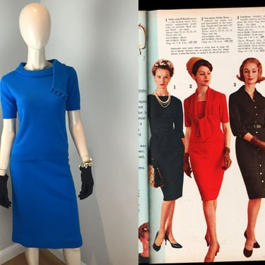 Curves Were Her Calling Card - Vintage 1960s Cyan Blue Wool Top & Skirt Set - S 