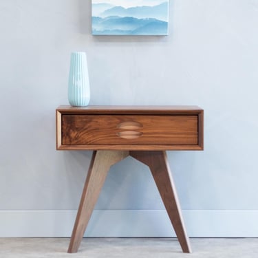 Midcentury End Table - Handmade Solid Walnut with Dovetailed Drawer & Wooden Pull - Modern Living Room Furniture 