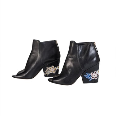 Tory Burch - Black Leather Peep Toe Booites w/ Floral Embroidery Sz 9