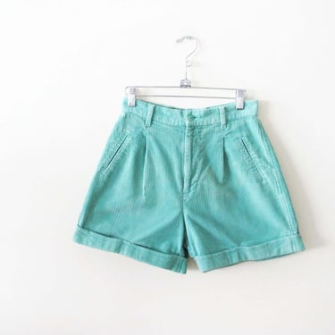Vintage 80s Mint Green Womens Corduroy Shorts 27 Small - 1980s United Colors of Benetton Pleated Preppy High Waist Cuffed Shorts 