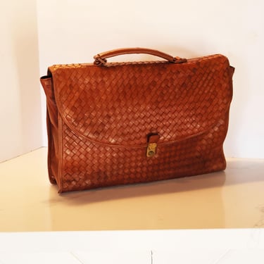 Bottega Veneta Light Brown Intrecciato Leather Briefcase Tote with Multi Pocket Interior Computer Laptop Bag Woven 1990s 