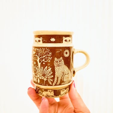 Vintage 1978 Taylor & Ng Lion Mugs Set of 4 Brown Cream Ceramic Cat Cheetah Mouse Nature Folklore Coffee Mugs Serving Set of Four Cat Mugs 