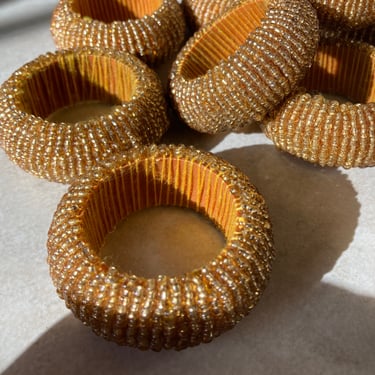 14 Gold beaded fancy dinner Napkin Rings~ Shiny Bling Table Decor~ Fancy napkin holders~ gold seed beads~ Holiday Dining 