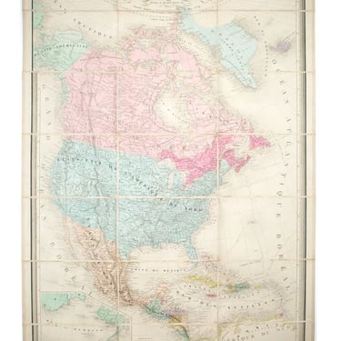 Large Antique French 1863 A.H.Dufour  Map of North America Linen back