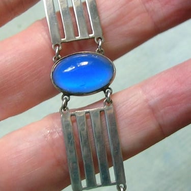 Antique Art Deco Sterling and Blue Glass Bracelet, Sterling Art Deco Bracelet, Old Sterling Bracelet with Blue Glass (#4526) 