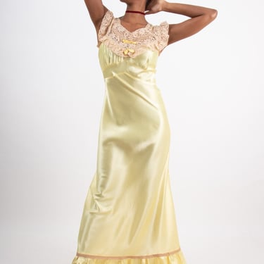 Vintage bias cut satin lace slip dress / 1940s butter yellow nightgown / S 
