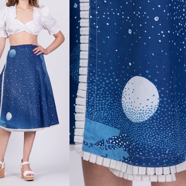 70s Celestial Star & Moon Print Wrap Skirt - Large | Vintage Boho Blue High Waist Hippie Midi Skirt 