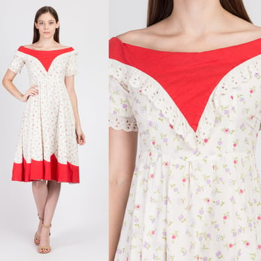 1950s Floral Off Shoulder Girl's Dress - Women's Petite XXS | Vintage 50s Red White Boho Day Dress 