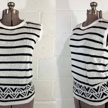 Vintage Striped Sleeveless Sweater Vest Tank Mod Black White Geometric Knit Movie TV Show Costume Small 1980s 