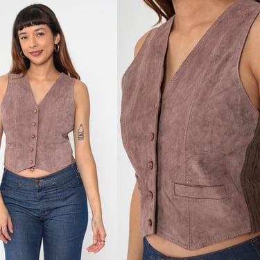 Cocoa Brown Suede Vest 80s Leather Button up Cropped Vest Top Cable Knit Sweater Back Cropped Sleeveless Jacket Boho Vintage 1980s Medium M 