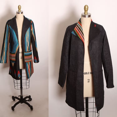 1980s Black, Blue, Red and Cream Southwestern Chimayo Style Long Sleeve Quilted Reversible Jacket -1XL 