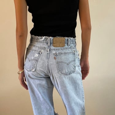 70s Levis soft faded jeans / vintage light wash faded soft worn torn denim high waisted zipper fly orange tab Levis jeans | Size 29 x 31 