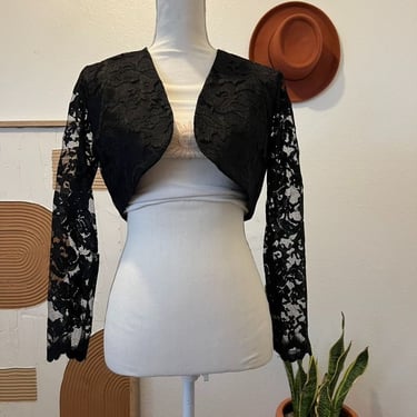 Vintage 90s Black Lace Open Style Lace Sheer Sleeve Cropped Jacket 