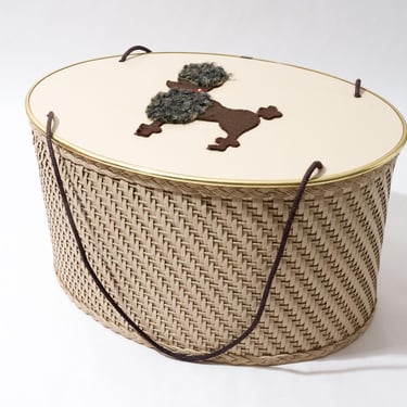Vintage Sewing Box With Poodle Decor, Wicker and Wood, Basket, Removable Shelf 