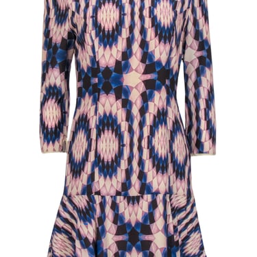Reiss - Blue, Tan and Purple Geometric Silk Print Dress w/ Ruffle Hem Sz 6
