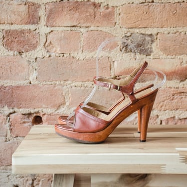 brown leather platform sandals | 70s 80s vintage Bare Traps brown stiletto high heel slingback open toe strappy sandals size 6 